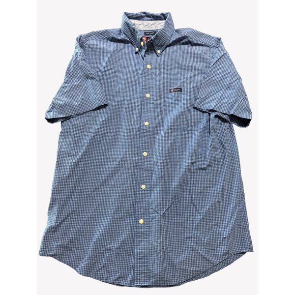 Chaps Mens Blue White Plaid Short Sleeve Button-Down Shirt M Cotton Polyester - Picture 1 of 5